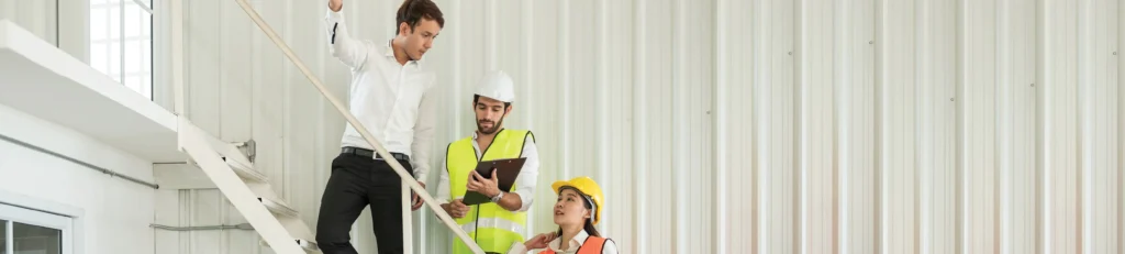 A person in business dress talking to two people in hard hats in an industrial setting