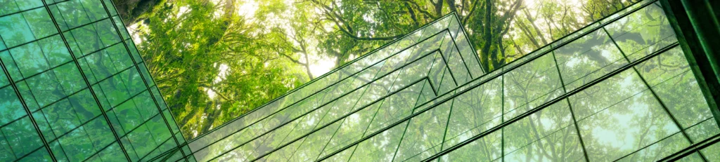 A view looking up at a glass building with large, angular windows reflecting the surrounding lush green trees and sky, creating a harmonious blend of nature and architecture, serves as a perfect benchmarking standard for modern design.