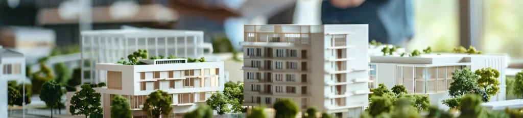 Architectural models of modern buildings are displayed, surrounded by miniature trees. The structures adhere to energy codes and feature contemporary designs with varying heights and window styles. The background is softly blurred.