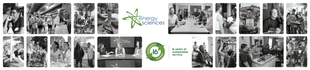 A collage featuring various scenes: people in an office setting, group discussions, celebrations with food and drinks, and the Energy Sciences logo. The central text highlights "16 years of sustainable service.