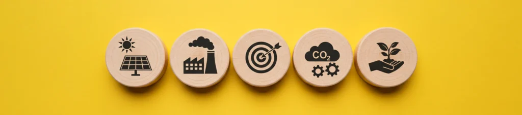 Five wooden circles with icons: solar panel, factory with smoke, target with arrow, CO2 cloud with gears, and hands holding a plant, all on a golden yellow background, representing environmental themes.