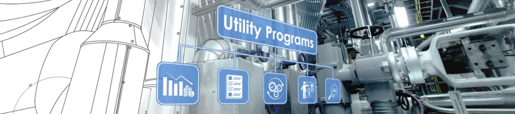 A modern industrial facility with metal pipes and machinery features digital icons and a sign reading "Utility Programs," blending technical drawings with real components.