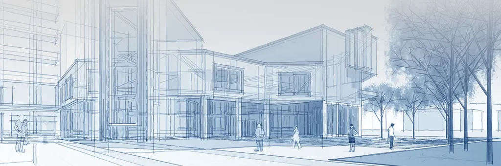 Digital architectural sketch of modern buildings with large windows and overhangs, surrounded by trees. Several people are walking and standing in the open, plaza-like area in front. The scene has a blue-tinted, technical drawing style.